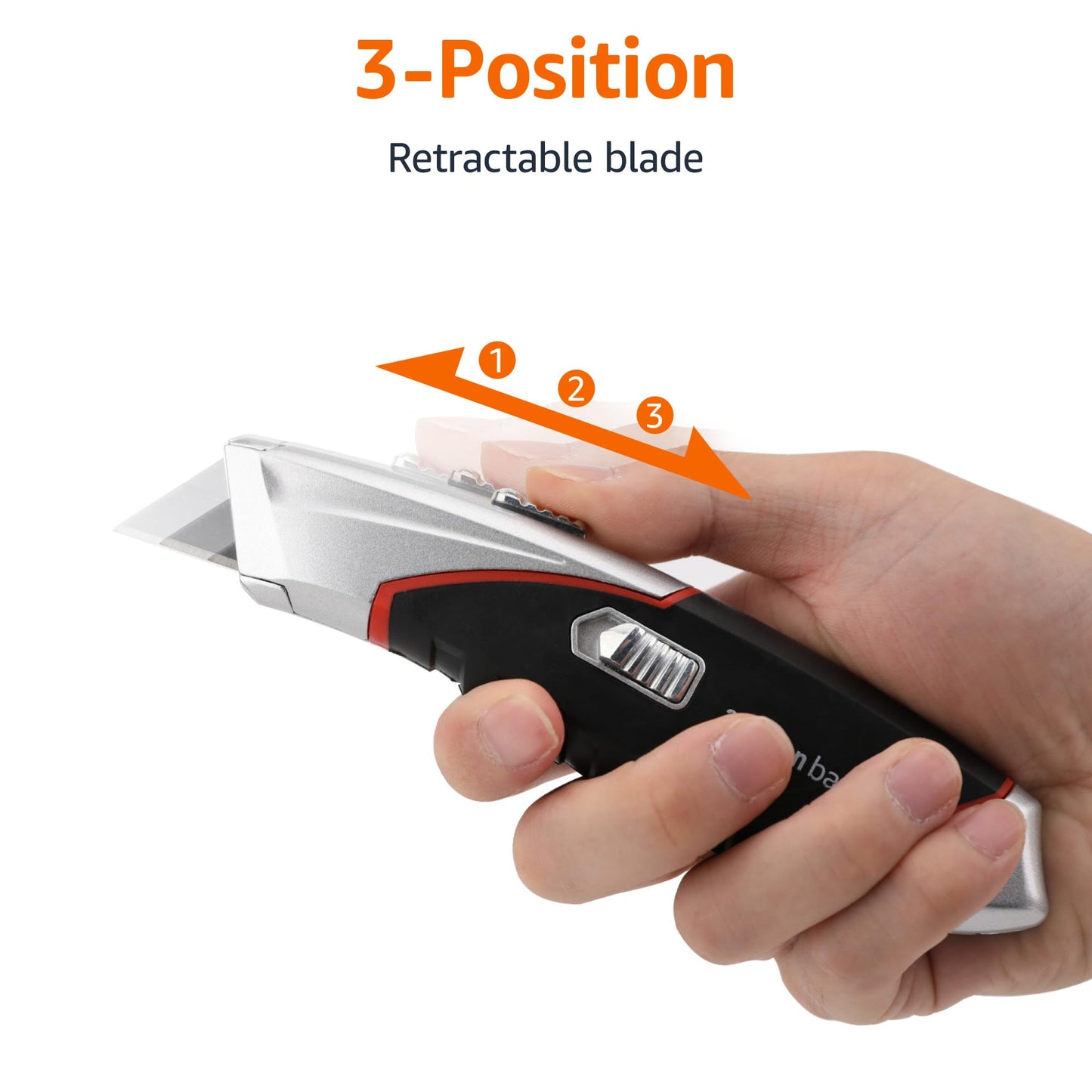 Amazon Basics Heavy Duty Retractable Auto-Load Ergonomic Utility Knife 3-Position Locking Blade with 4 Replaceable Blades in Designed Storage, Black/Silver