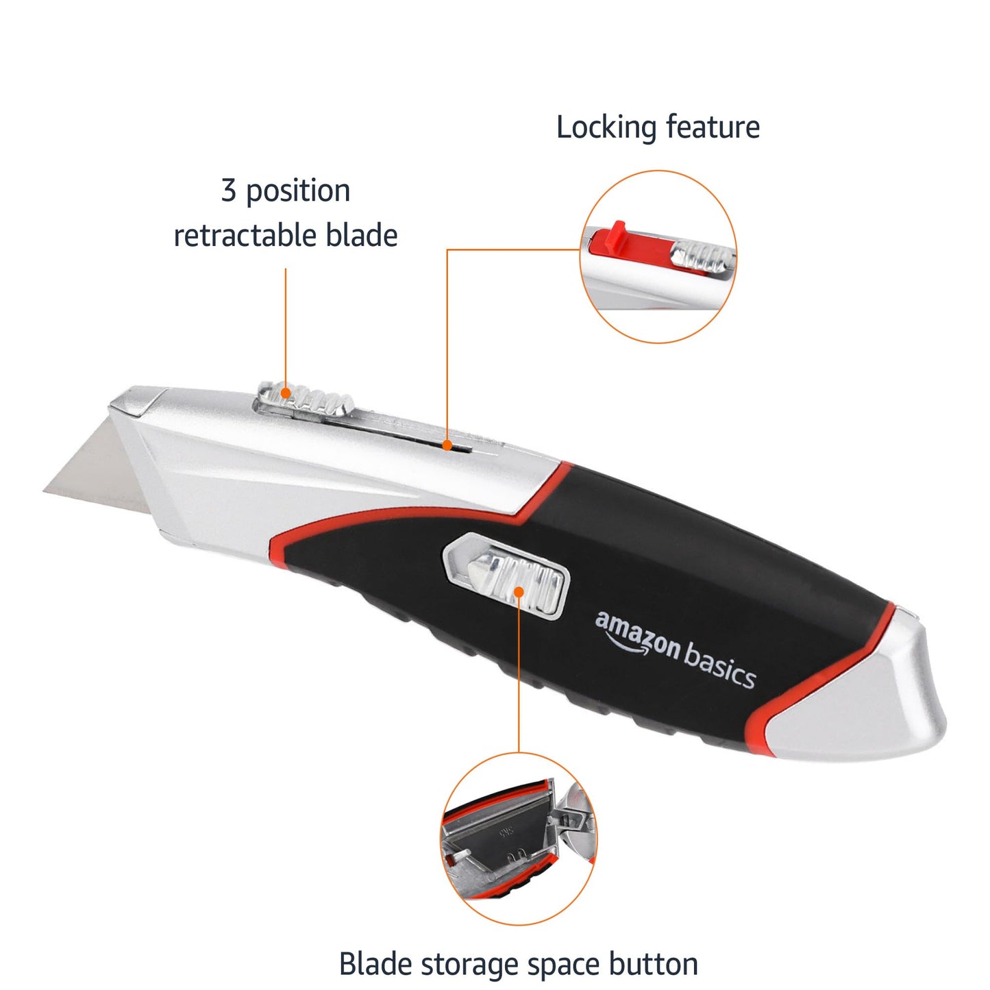 Amazon Basics Heavy Duty Retractable Auto-Load Ergonomic Utility Knife 3-Position Locking Blade with 4 Replaceable Blades in Designed Storage, Black/Silver
