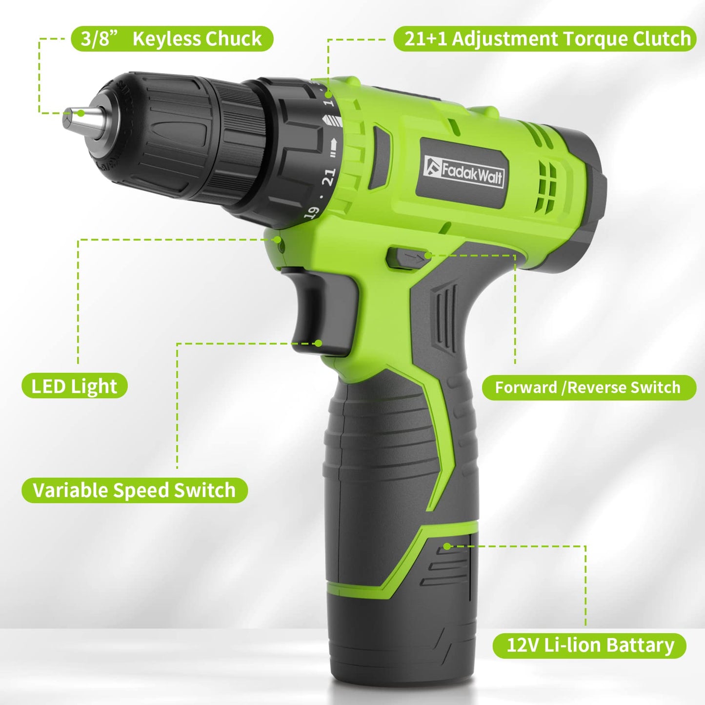 FADAKWALT 12V CordlessDrill, Battery Power Drill Drivers, 3/8β inch Keyless Chuck, Electric Screwdriver Kit, 21+1 Torque Setting, Combi Drill with Li-Ion Battery and Charger