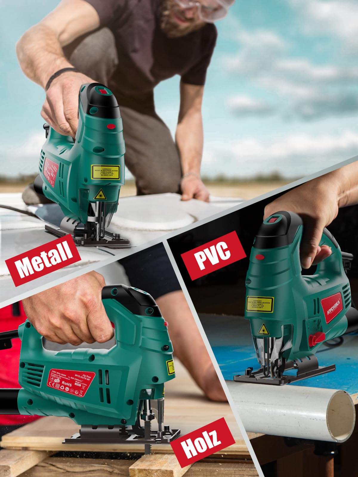 HYCHIKA Jigsaw, 800W Max Cutting Depth 110mm for Wood, 800-3000SPM Electric Jigsaw with Laser, 7 Variable Speeds, 0-3 Orbital Sets, Bevel Cutting: -45 ° to 45, 6 Blades