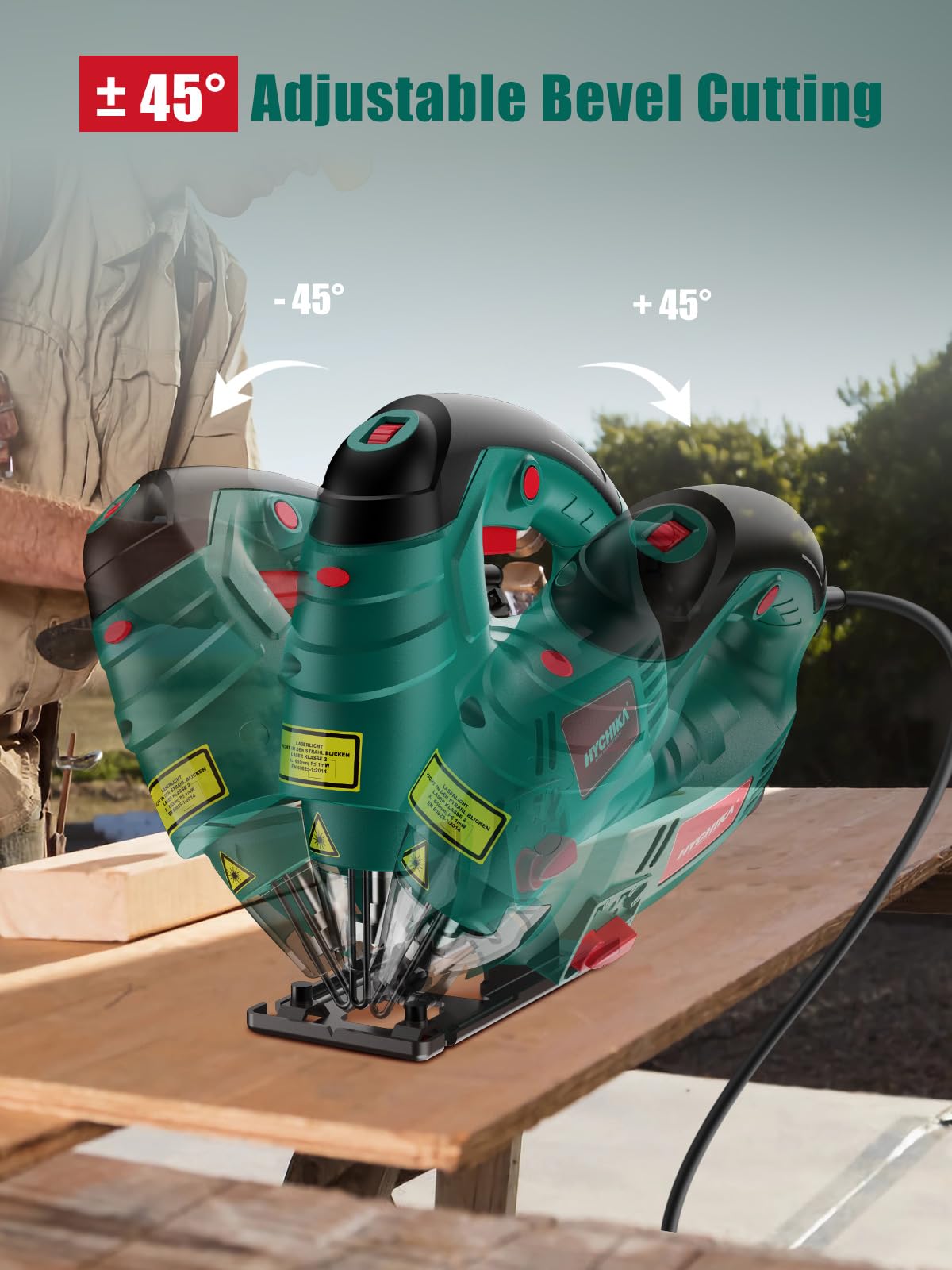 HYCHIKA Jigsaw, 800W Max Cutting Depth 110mm for Wood, 800-3000SPM Electric Jigsaw with Laser, 7 Variable Speeds, 0-3 Orbital Sets, Bevel Cutting: -45 ° to 45, 6 Blades