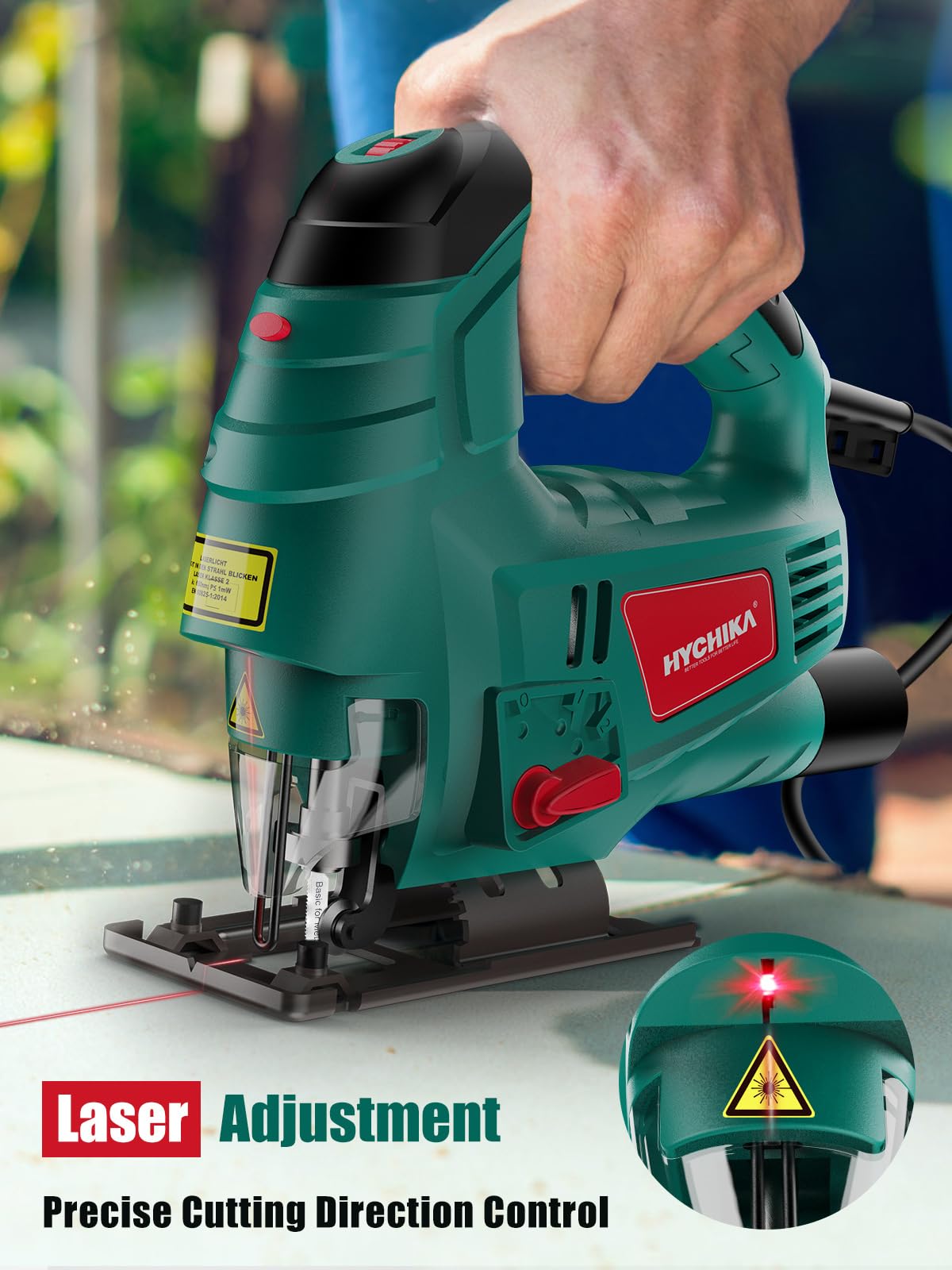 HYCHIKA Jigsaw, 800W Max Cutting Depth 110mm for Wood, 800-3000SPM Electric Jigsaw with Laser, 7 Variable Speeds, 0-3 Orbital Sets, Bevel Cutting: -45 ° to 45, 6 Blades