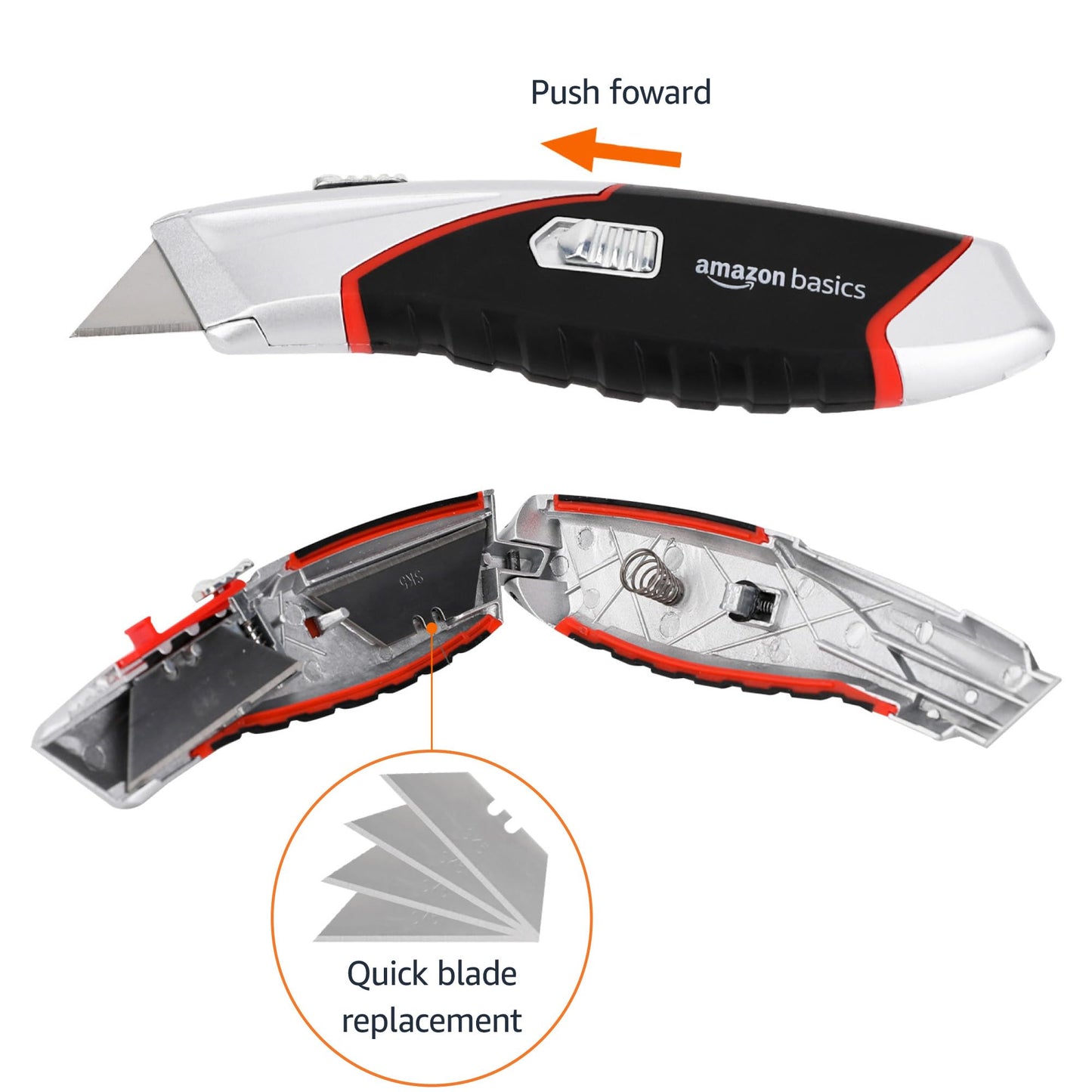 Amazon Basics Heavy Duty Retractable Auto-Load Ergonomic Utility Knife 3-Position Locking Blade with 4 Replaceable Blades in Designed Storage, Black/Silver