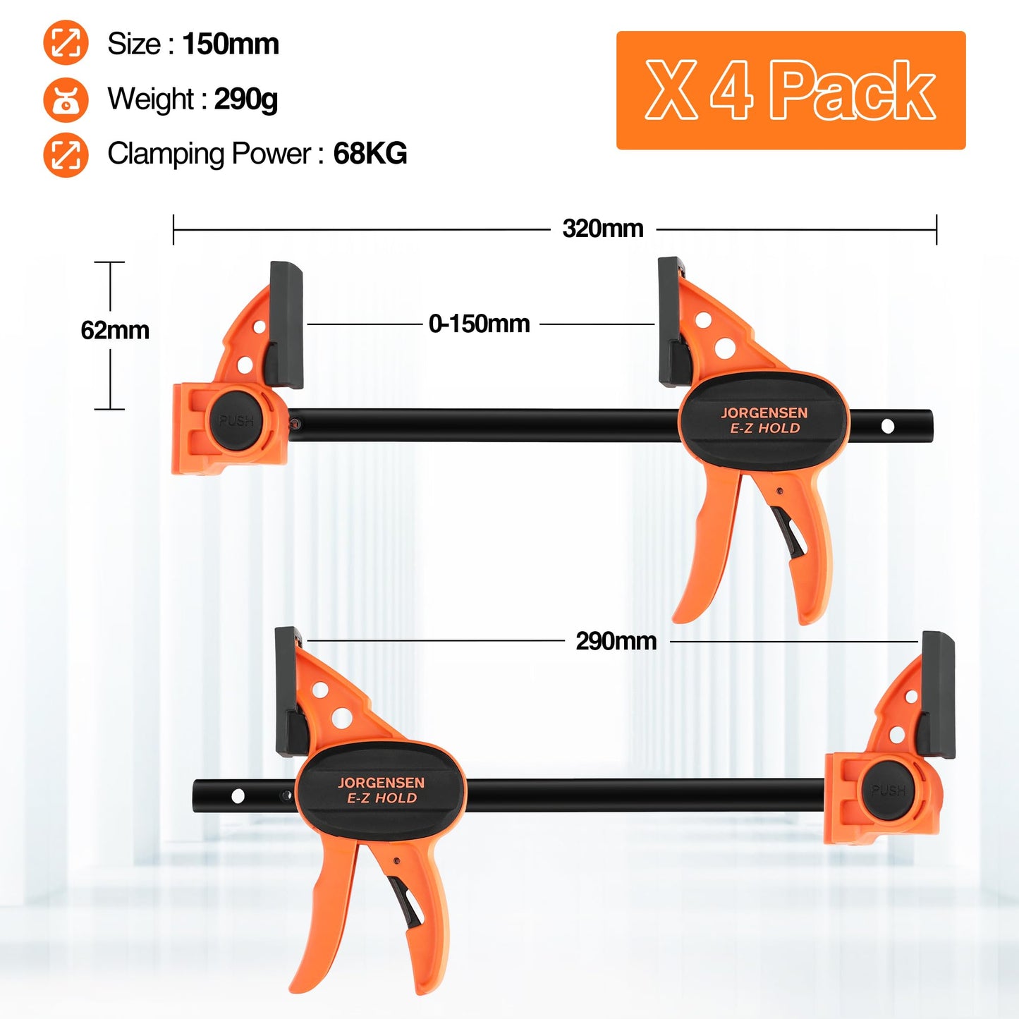 JORGENSEN 150 mm Woodworking Clamps 4-Pack, Splicable to 400 mm Ratchet Bar Clamps, Quick Release Clamp Set, 290 mm Spreader, One Handed Wood Clamp, Max 68 kg Load Limit