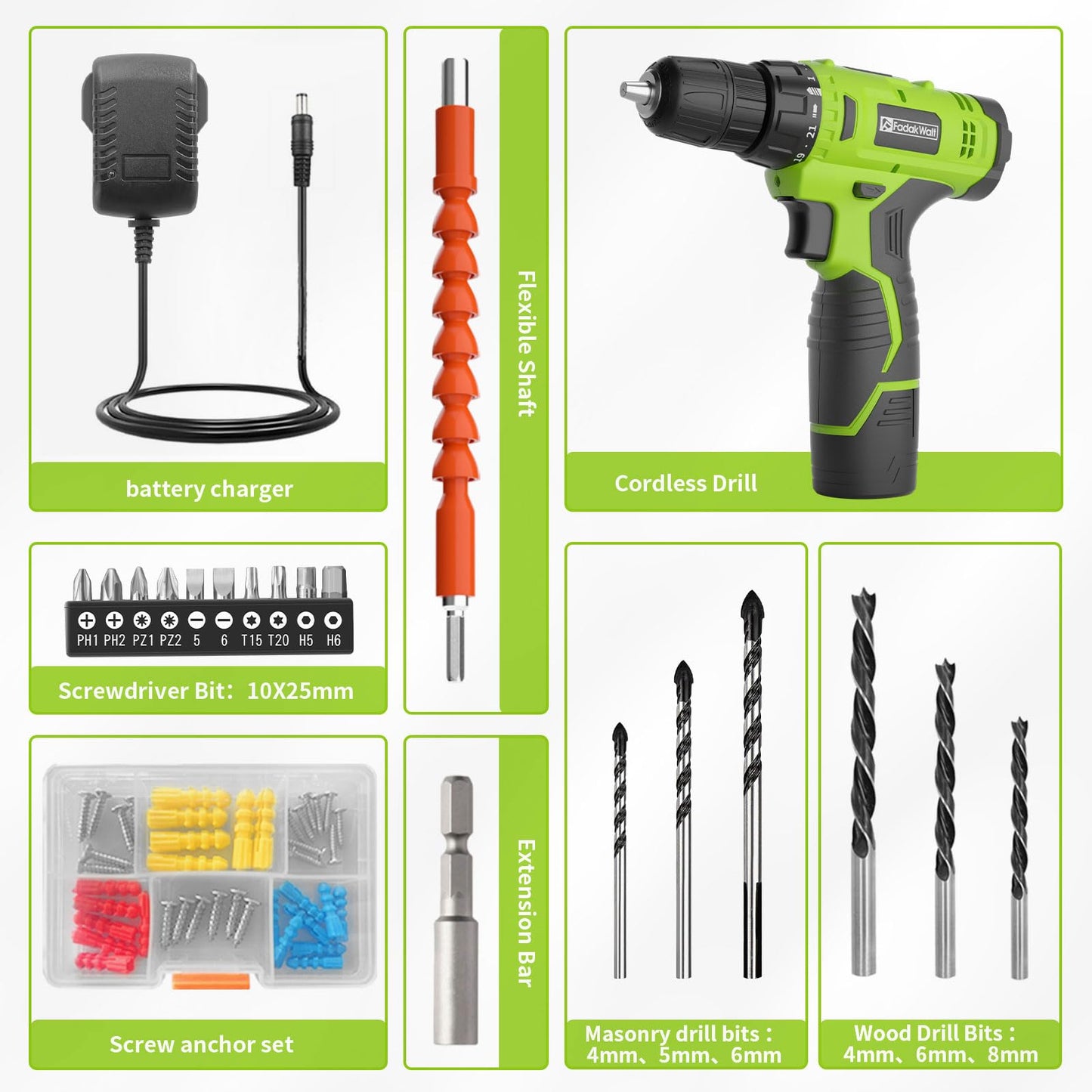 FADAKWALT 12V CordlessDrill, Battery Power Drill Drivers, 3/8β inch Keyless Chuck, Electric Screwdriver Kit, 21+1 Torque Setting, Combi Drill with Li-Ion Battery and Charger