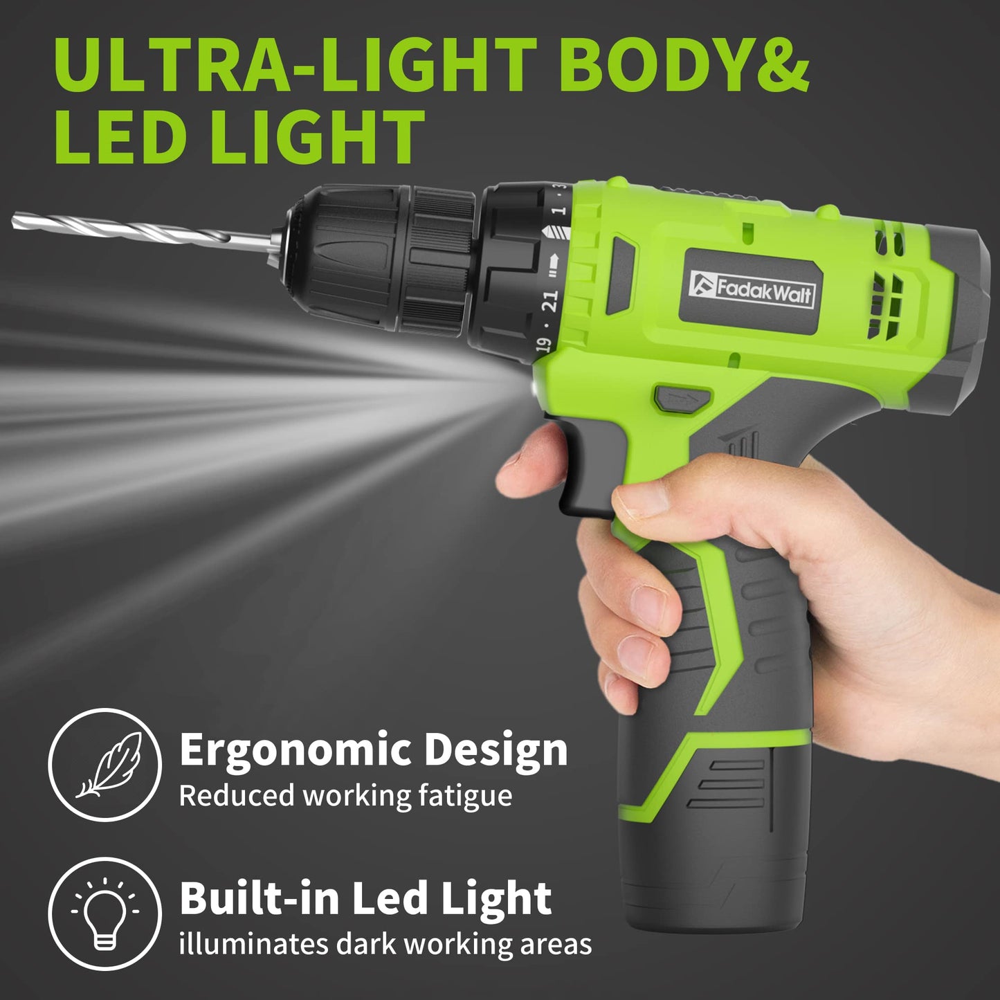 FADAKWALT 12V CordlessDrill, Battery Power Drill Drivers, 3/8β inch Keyless Chuck, Electric Screwdriver Kit, 21+1 Torque Setting, Combi Drill with Li-Ion Battery and Charger