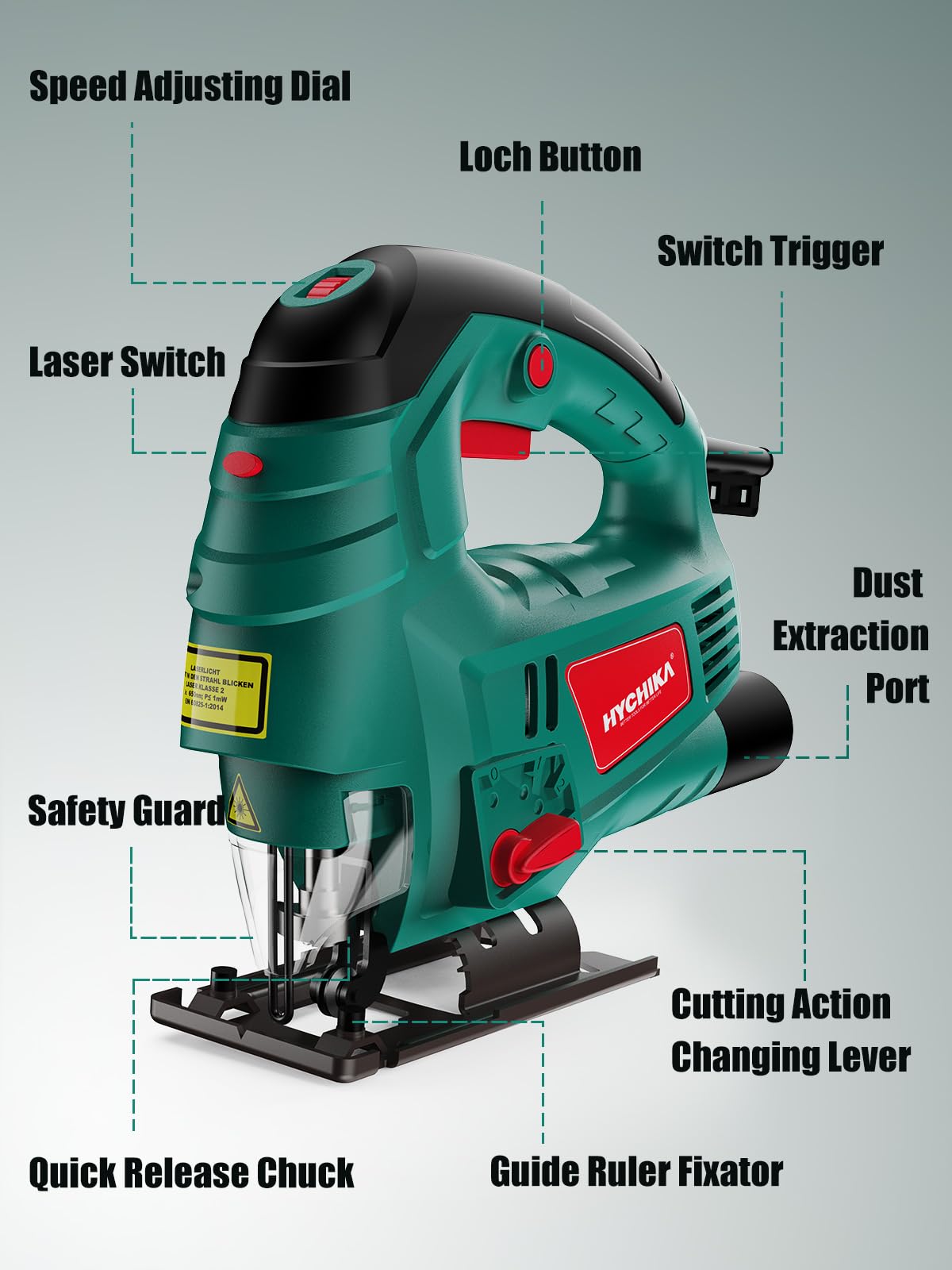 HYCHIKA Jigsaw, 800W Max Cutting Depth 110mm for Wood, 800-3000SPM Electric Jigsaw with Laser, 7 Variable Speeds, 0-3 Orbital Sets, Bevel Cutting: -45 ° to 45, 6 Blades