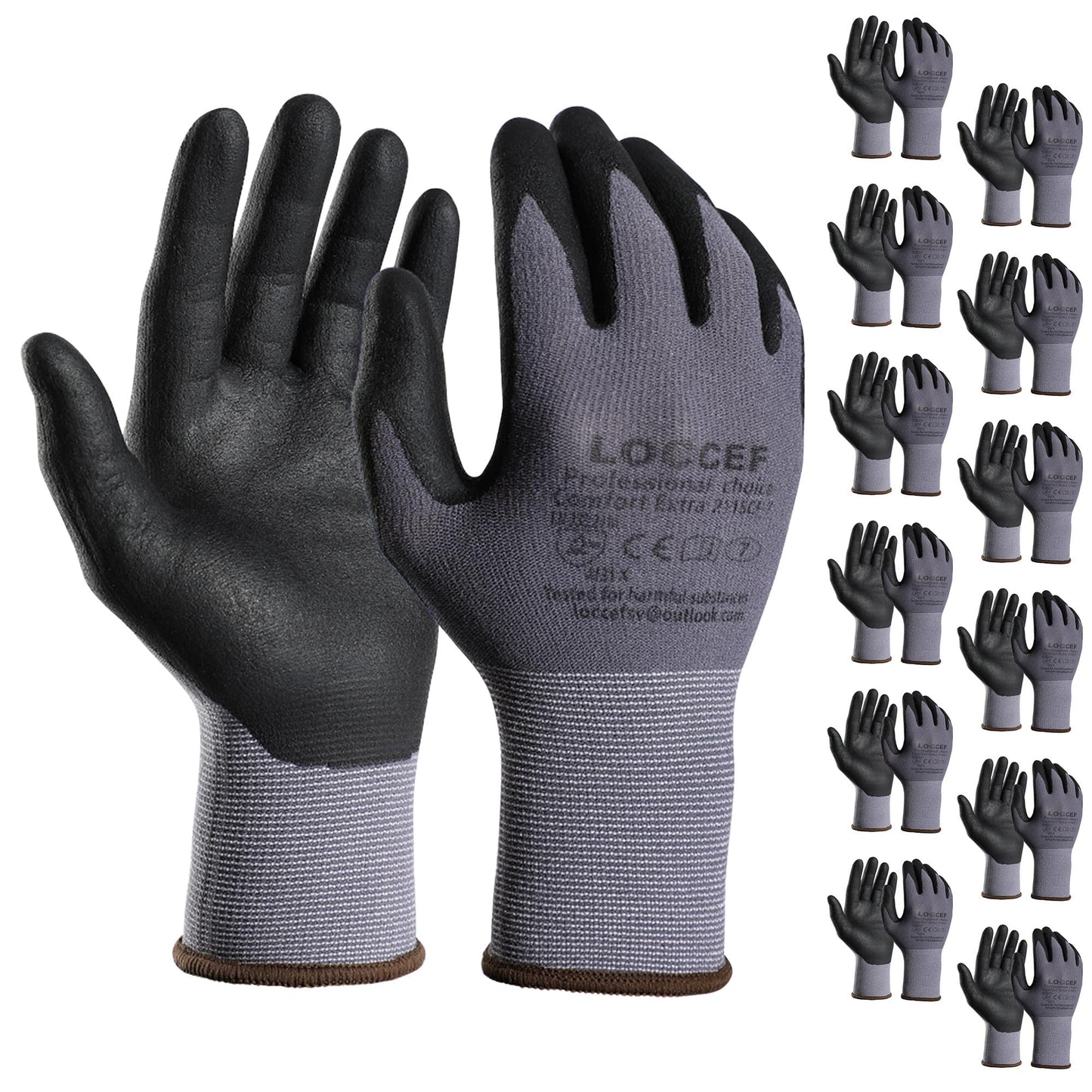 LOCCEF Safety Work Gloves MicroFoam Nitrile Coated-12 Pairs,Seamless Knit Nylon, Home Improvement,Micro-Foam Gloves (9/L, Grey-12 Pairs)