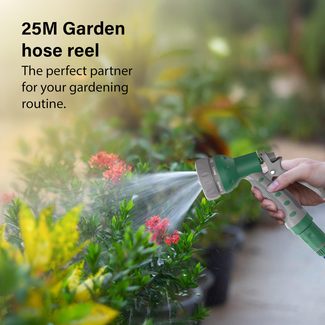 Garden Hose Reel 25M (ø 15 mm), 2-in-1 as Free Standing or Wall Mounted Garden Hose, Complete with Hose Guide, Nozzle and Fittings, Robust Frame for Stability, Compact Hose Reel Flexibility Use