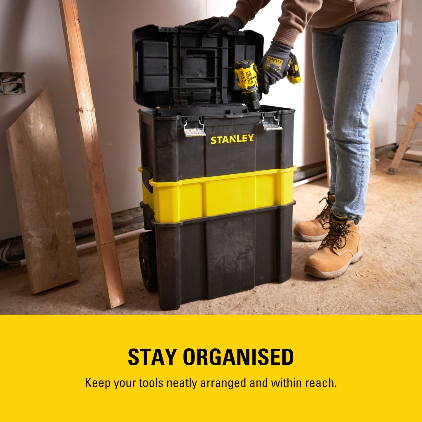 STANLEY Essential Rolling Workshop Toolbox, 3-in1 Stackable Units, Portable Tool Solution, STST1-80151