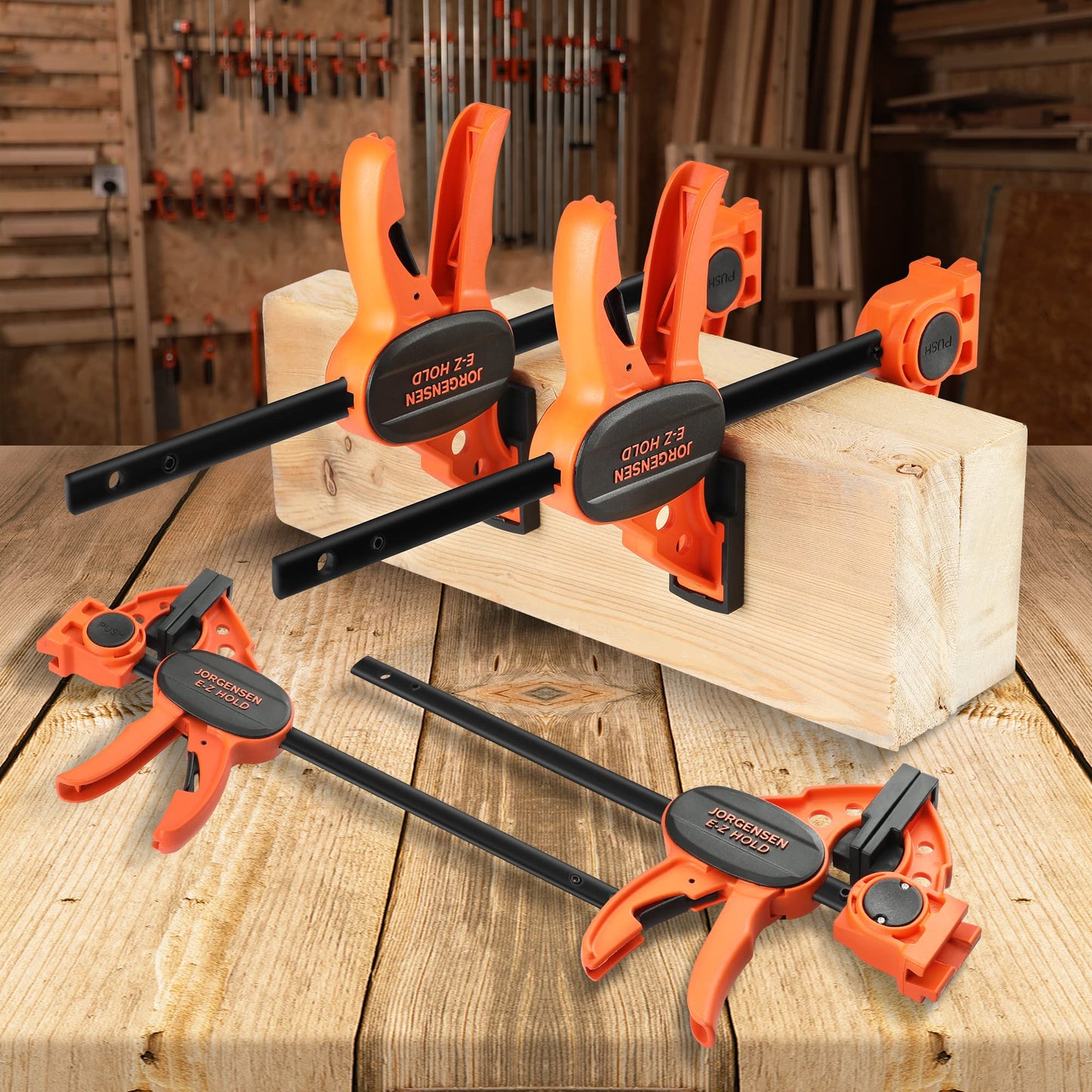JORGENSEN 150 mm Woodworking Clamps 4-Pack, Splicable to 400 mm Ratchet Bar Clamps, Quick Release Clamp Set, 290 mm Spreader, One Handed Wood Clamp, Max 68 kg Load Limit