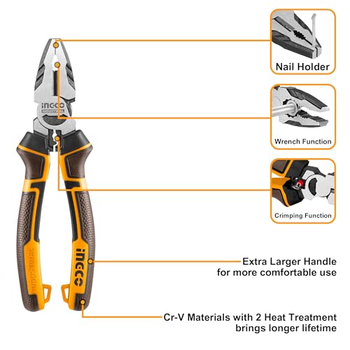 INGCO 3Pcs High Leverage Pliers Set, 8" Combination Pliers and 7" Diagonal Cutting Plier and 6" Long Nose Plier HKHLPS2831