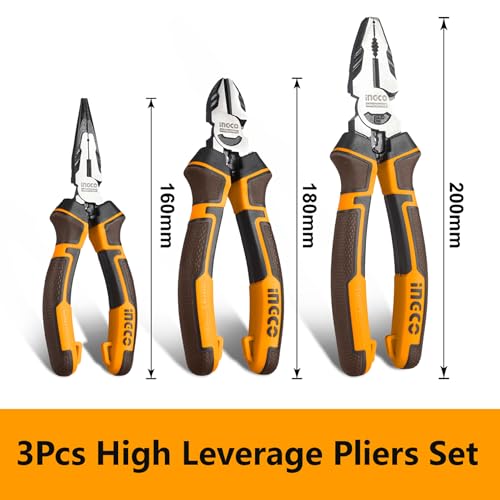 INGCO 3Pcs High Leverage Pliers Set, 8" Combination Pliers and 7" Diagonal Cutting Plier and 6" Long Nose Plier HKHLPS2831