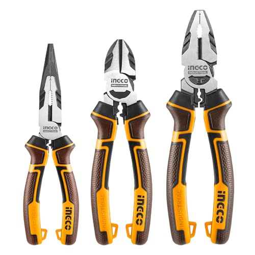 INGCO 3Pcs High Leverage Pliers Set, 8" Combination Pliers and 7" Diagonal Cutting Plier and 6" Long Nose Plier HKHLPS2831
