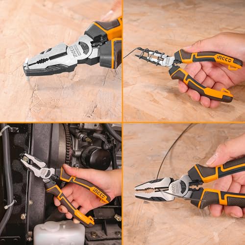 INGCO 3Pcs High Leverage Pliers Set, 8" Combination Pliers and 7" Diagonal Cutting Plier and 6" Long Nose Plier HKHLPS2831