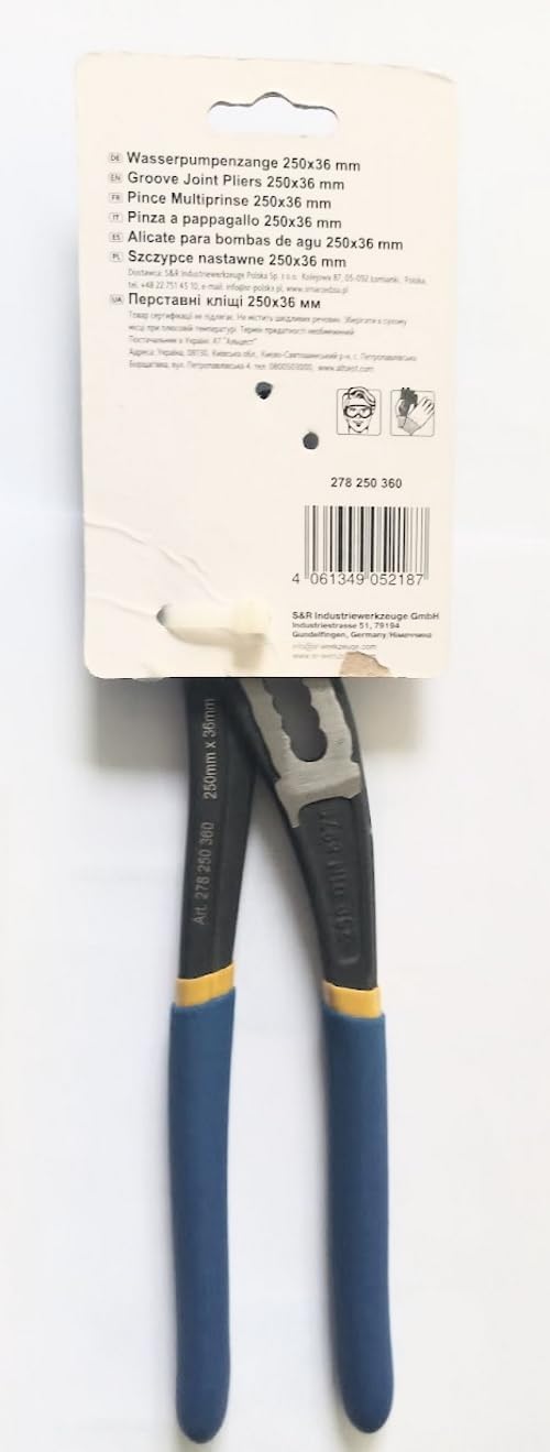 S&R Water Pump Pliers, 250mm Pipe Wrench – CR-V Steel, 55mm Opening Width, Double-Coated Secure Handles