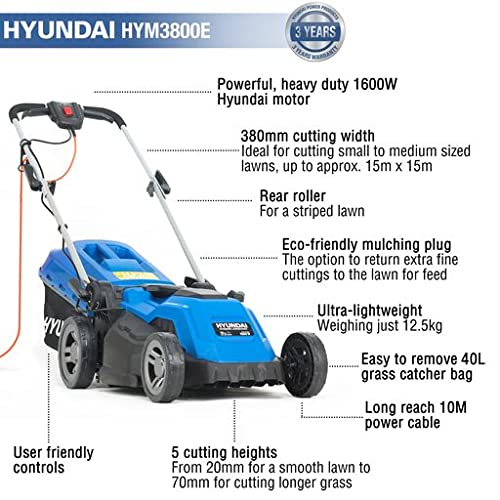Hyundai 15'' / 38cm 1600w Electric Lawnmower with Rear Roller with Mulching Feature 40 Litre Collection Bag and 5 Cutting Heights with 10m Power Cable