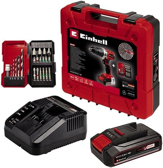 Einhell Power X-Change 18V, 44Nm Cordless Combi Drill | 3-in-1 Brushless Drill, Impact Drill and Screwdriver | TE-CD 18/2 Li-i +22 pc Kit with 2.5Ah Battery, Fast Charger and Storage Case