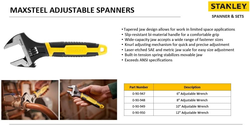 STANLEY Adjustable Wrench 30 x 200 mm Protective Phosphate Finish and Ergonomic Bi Material Handle 0-90-948, Black, Yellow