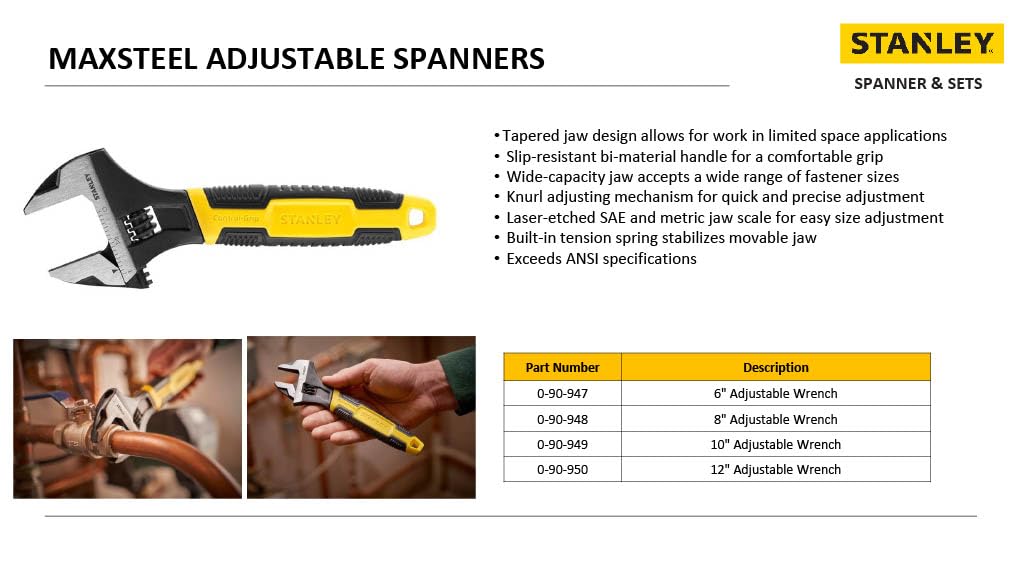 STANLEY Adjustable Wrench 30 x 200 mm Protective Phosphate Finish and Ergonomic Bi Material Handle 0-90-948, Black, Yellow