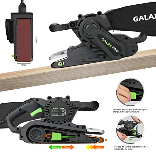 GALAX PRO 1010W Belt Sander, 120-380 RPM Variable Speed Settings, Dust Bag，5 Sanding Belts(76x533 MM)