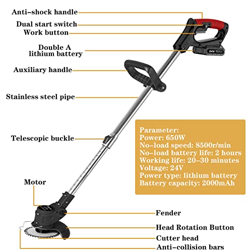 SMILOVII 24V Cordless Strimmer, Telescopic Lightweight Grass Trimmer with 6xMetal Blades & 10xPlastic Blades, 2 x 2000mAh Battery, Electric Garden Strimmer Grass Cutter for Lawn Edger Pruning Weed