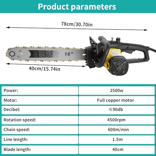 Electric Chainsaw, 2500W Powerful Electric Chainsaw,16" Portable Corded Chain Saw with 1.5m Power Cable, 4500rpm Chain Saw for Garden Tree Pruning, 10m/s Chain Speed Auto Chain Lubrication to Cut Wood