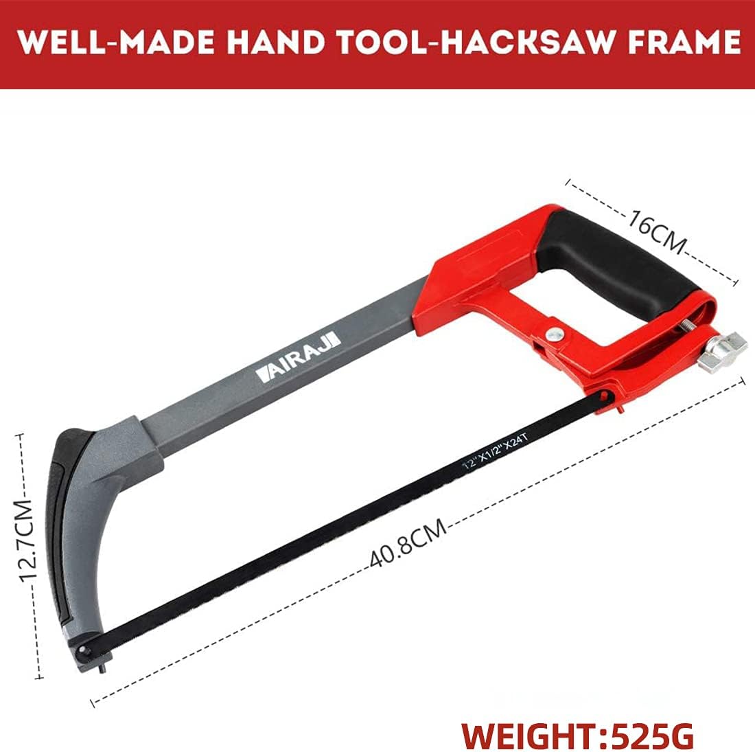 AIRAJ Hacksaw Frame 300MM,Hand Hacksaws with 10 Spare Blades,Professional High-Tension Hacksaw for Metal,Wood,Steel,PVC Pipe,Frozen Meat,45°&90° Two Angles Sawing