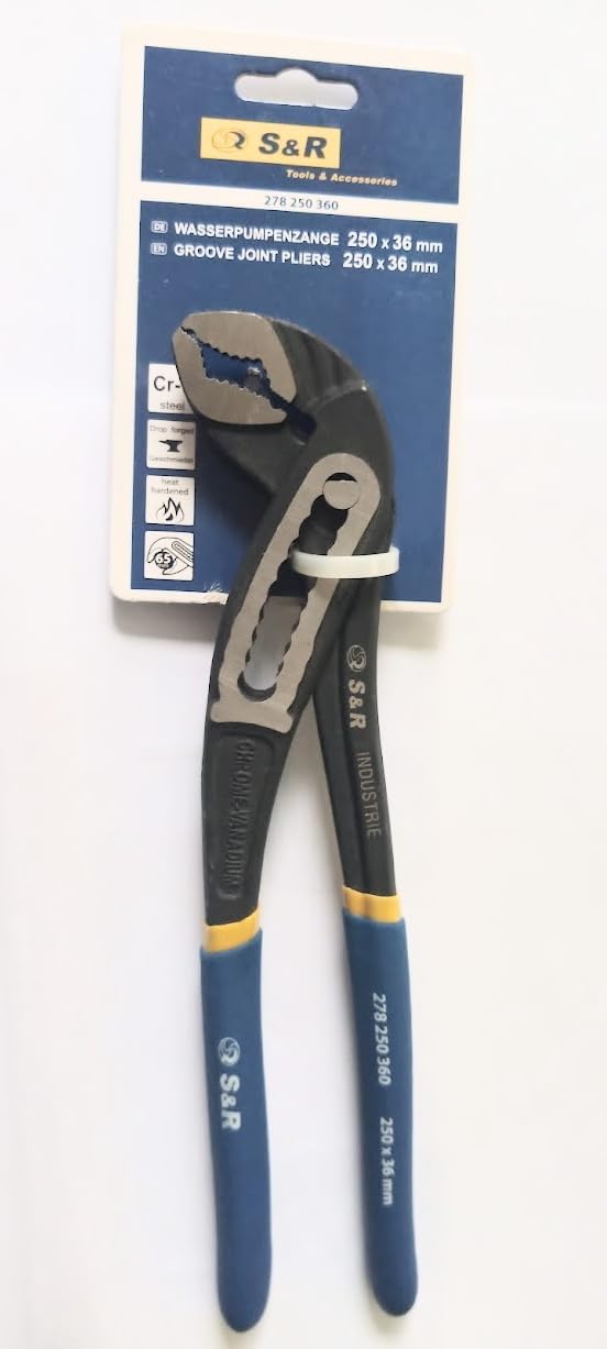 S&R Water Pump Pliers, 250mm Pipe Wrench – CR-V Steel, 55mm Opening Width, Double-Coated Secure Handles