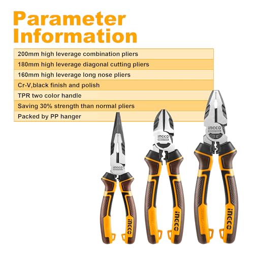 INGCO 3Pcs High Leverage Pliers Set, 8" Combination Pliers and 7" Diagonal Cutting Plier and 6" Long Nose Plier HKHLPS2831