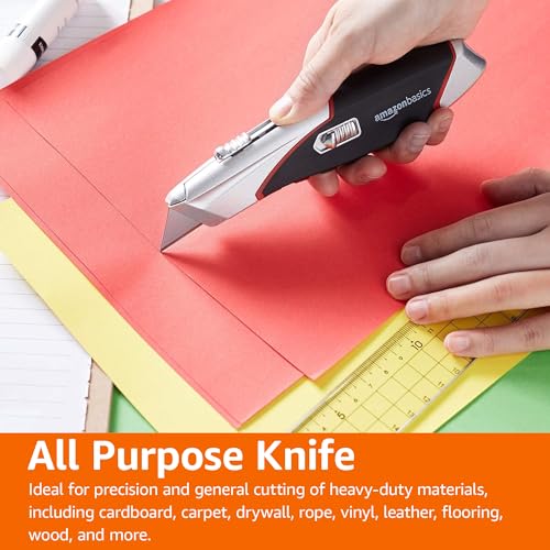 Amazon Basics Heavy Duty Retractable Auto-Load Ergonomic Utility Knife 3-Position Locking Blade with 4 Replaceable Blades in Designed Storage, Black/Silver