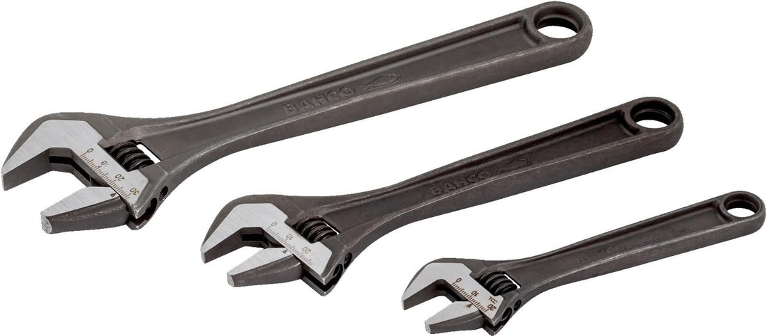 Bahco BHADJUST 3 ADJ3 Set of 3 Adjustable Wrenches (8070/8071 / 8072), Grey, 16 degree head angle