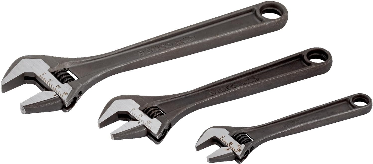 Bahco BHADJUST 3 ADJ3 Set of 3 Adjustable Wrenches (8070/8071 / 8072), Grey, 16 degree head angle