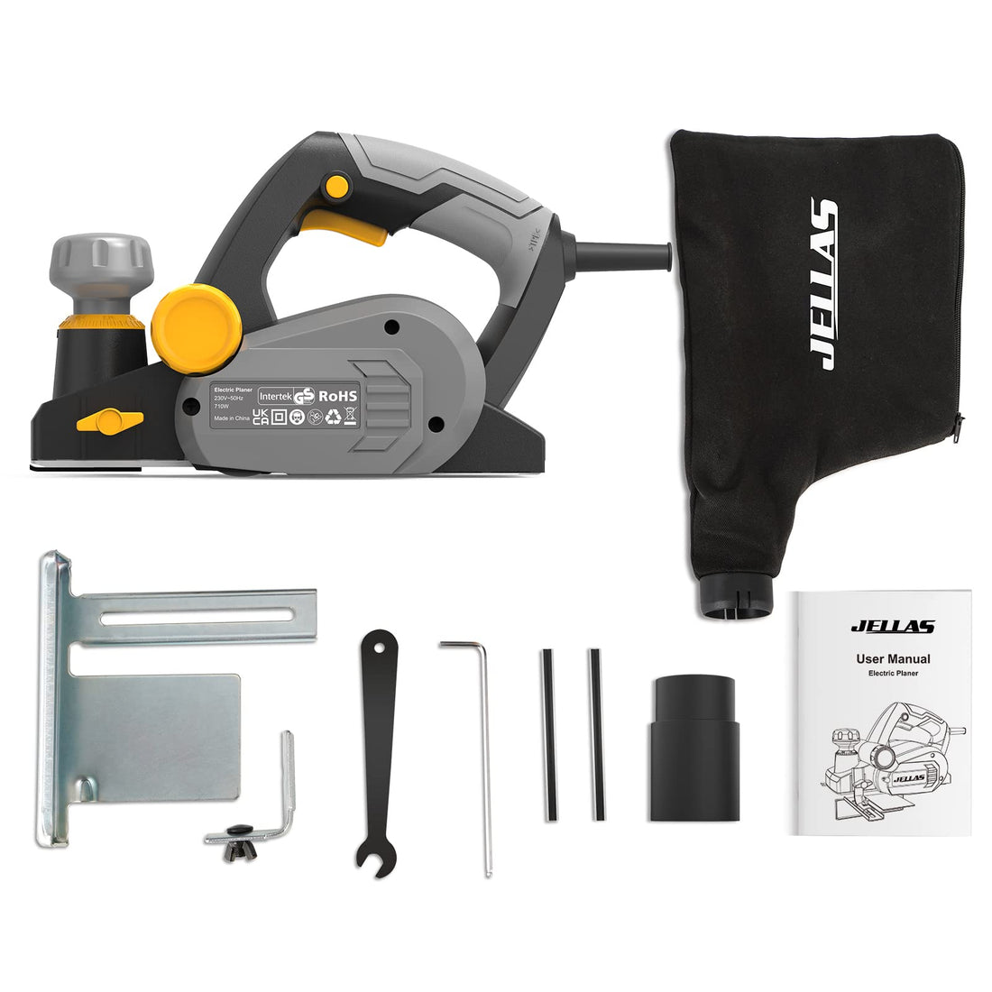 Jellas Electric Planer, Voltage 230-240V Electric Hand Planer, 16000RPM Planer, with 2 Reversible HSS Blades, 2mm Adjustable Cut Depth, Parallel Fence Bracket, Ideal Planer Woodworking, EP710