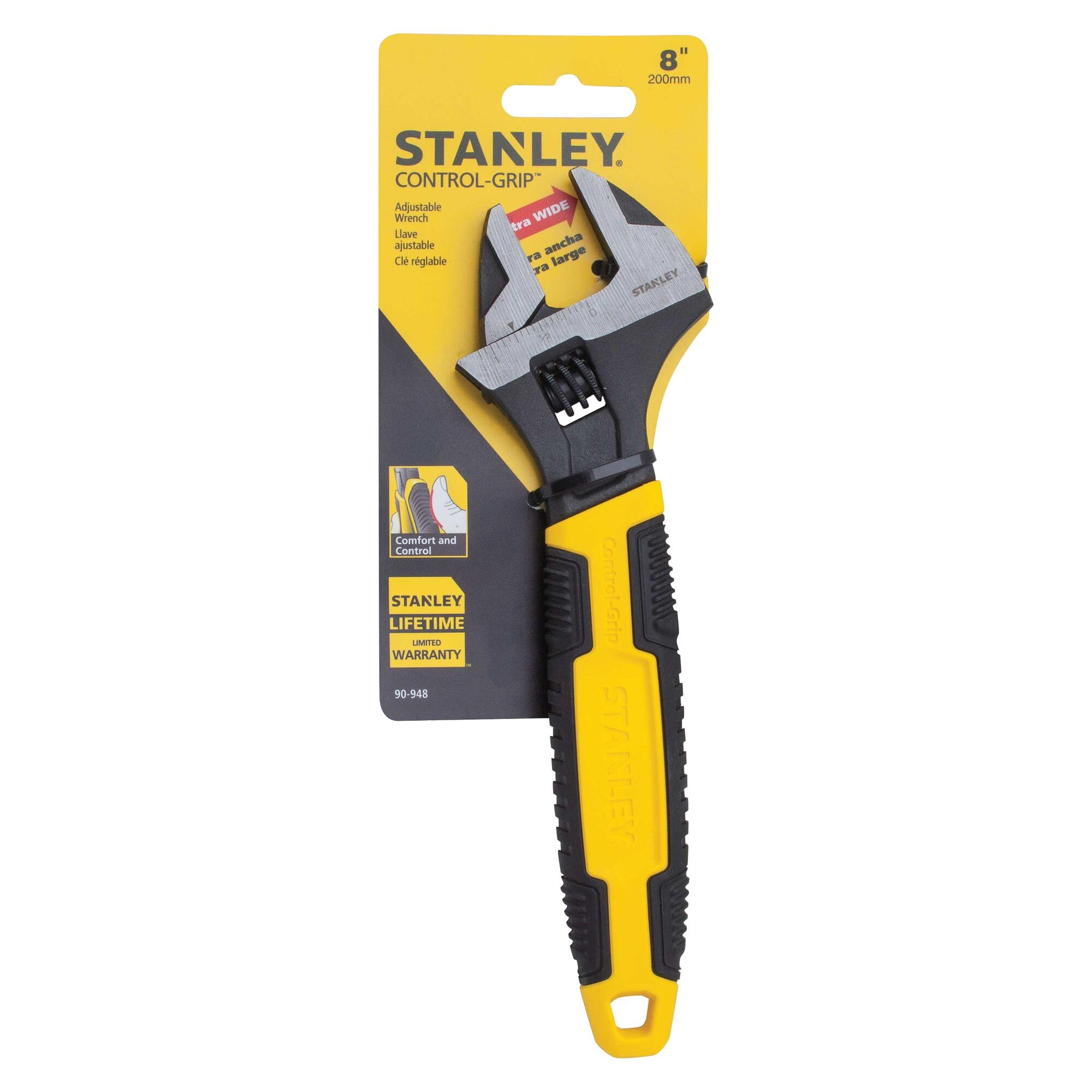 STANLEY Adjustable Wrench 30 x 200 mm Protective Phosphate Finish and Ergonomic Bi Material Handle 0-90-948, Black, Yellow