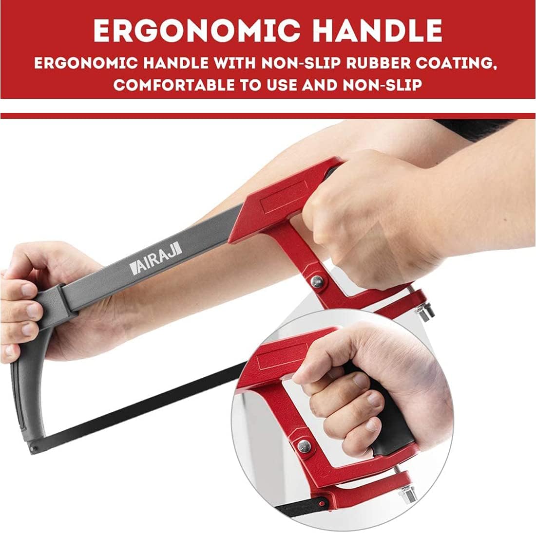 AIRAJ Hacksaw Frame 300MM,Hand Hacksaws with 10 Spare Blades,Professional High-Tension Hacksaw for Metal,Wood,Steel,PVC Pipe,Frozen Meat,45°&90° Two Angles Sawing