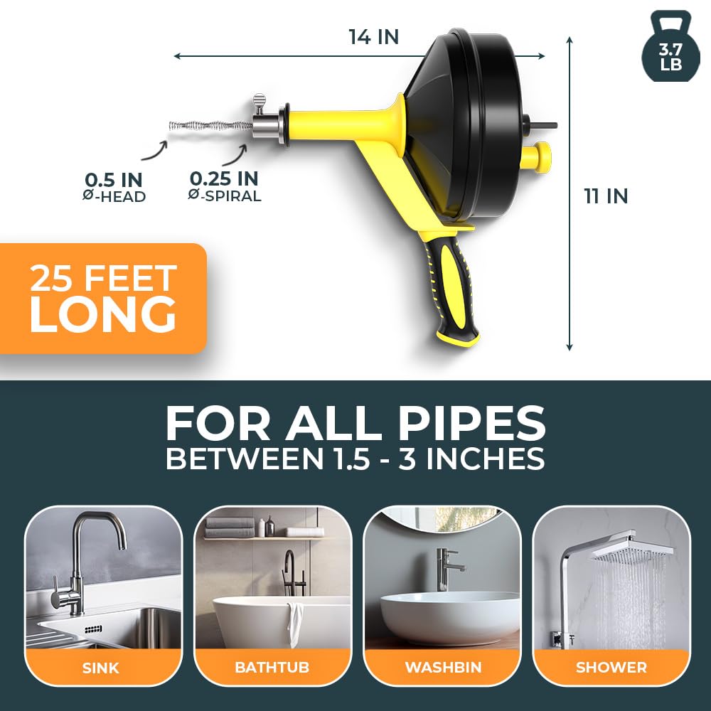 MEISTERFAKTUR Drain Snake [25 FT] - with Drill Attachment - Ideal Plumbing Snake for Sink and Drain Unblocking - Solid Drain Unblocker Tool for Real DYIs!
