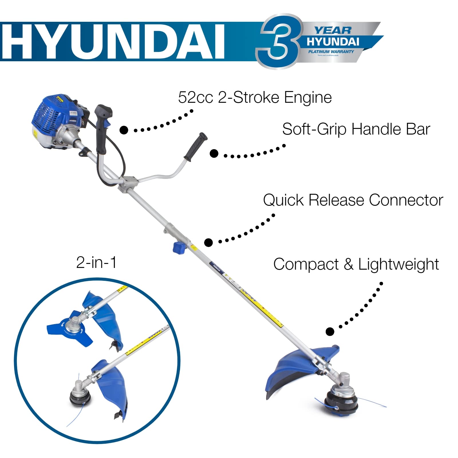 Hyundai 52cc Petrol Grass Strimmer Trimmer & Brush Cutter, 2 In 1 Garden Tool, 450mm Cutting Width, Heavy Duty, Split Shaft Design, Shoulder Harness Included With 3 Year Warranty