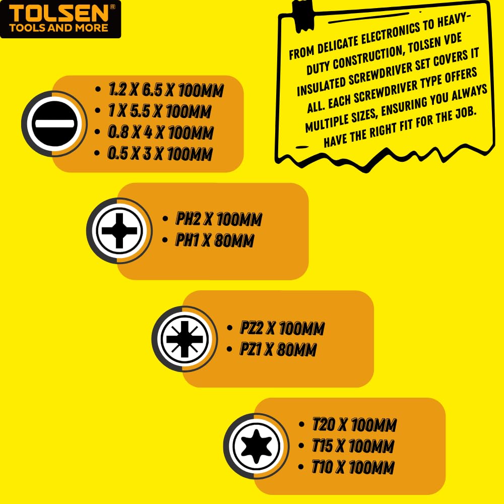 Tolsen 13pcs VDE Insulated Electricians Screwdriver Set with Rubber Handle in Hard Case | Interchangeable | Magnetic Tips | 1000V | Ideal for Electrical, Home and DIY Projects