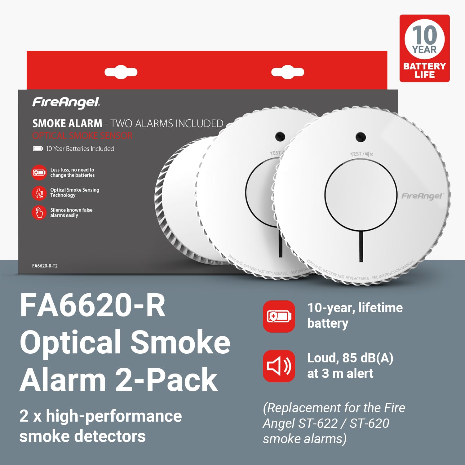 FireAngel Optical Smoke Alarm 2-Pack - FA6620 10-Year Battery Smoke Alarms for Home with Test/Silence Button - Replacement for FireAngel ST-622/ST-620 - Early Smoke Detector Fire Alarm - White