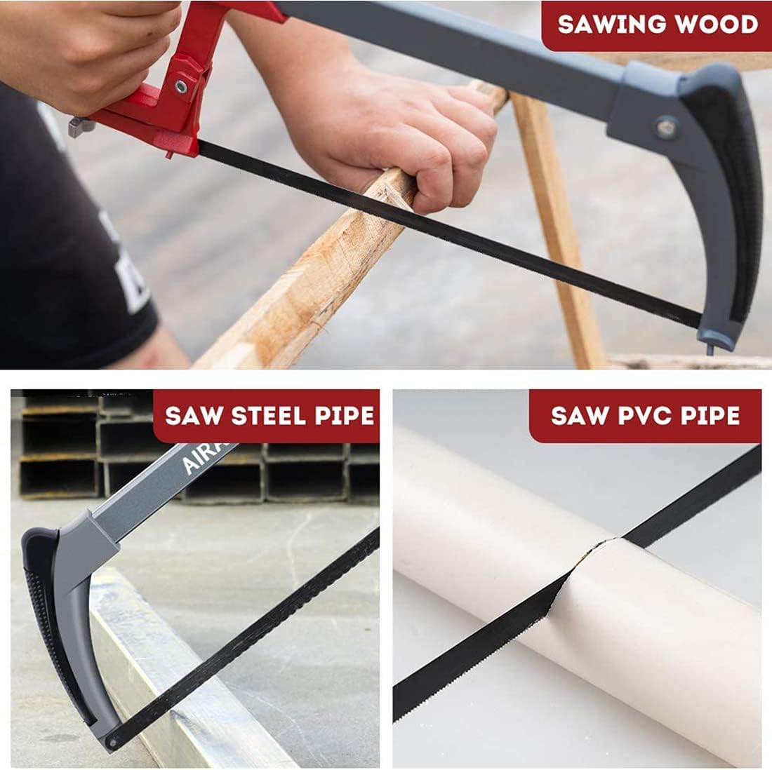 AIRAJ Hacksaw Frame 300MM,Hand Hacksaws with 10 Spare Blades,Professional High-Tension Hacksaw for Metal,Wood,Steel,PVC Pipe,Frozen Meat,45°&90° Two Angles Sawing
