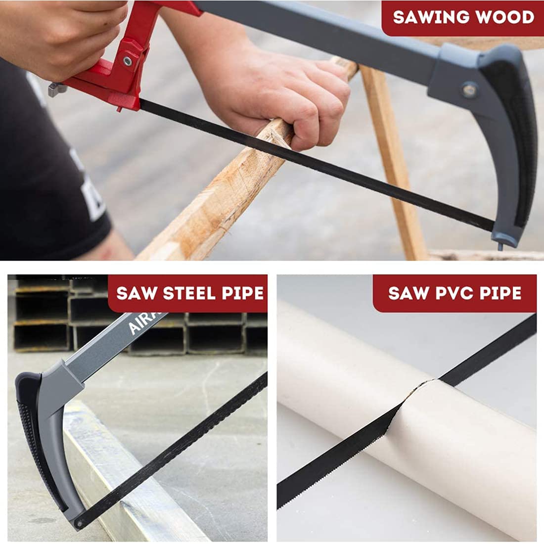 AIRAJ Hacksaw Frame 300MM,Hand Hacksaws with 10 Spare Blades,Professional High-Tension Hacksaw for Metal,Wood,Steel,PVC Pipe,Frozen Meat,45°&90° Two Angles Sawing