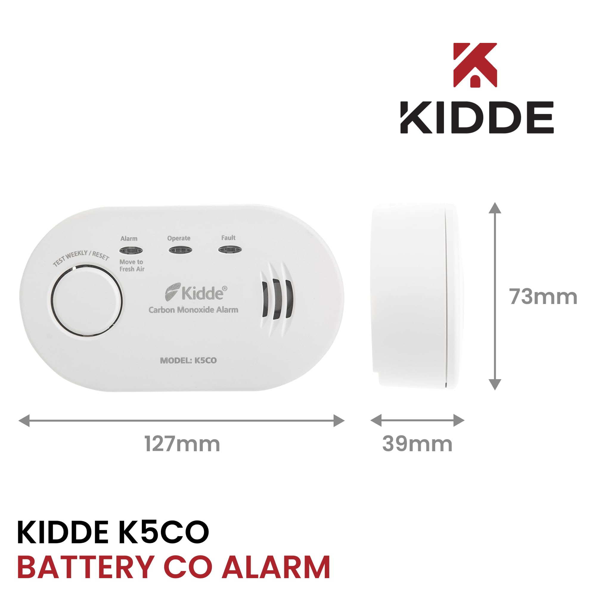 Twin Pack Kidde 5CO Battery Powered Carbon Monoxide Alarm and Detector - 10 Year Sensor Life with AA Batteries