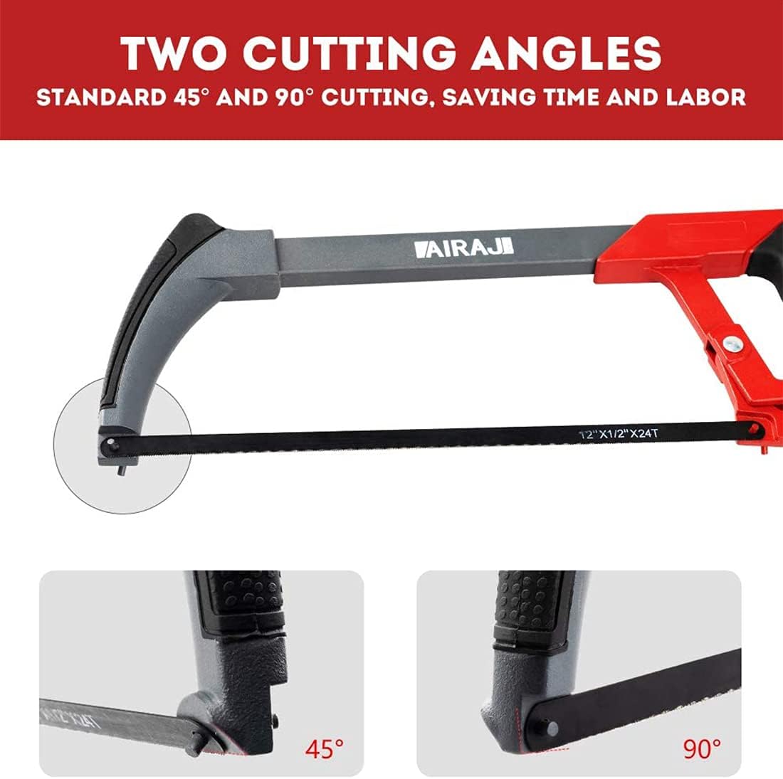 AIRAJ Hacksaw Frame 300MM,Hand Hacksaws with 10 Spare Blades,Professional High-Tension Hacksaw for Metal,Wood,Steel,PVC Pipe,Frozen Meat,45°&90° Two Angles Sawing