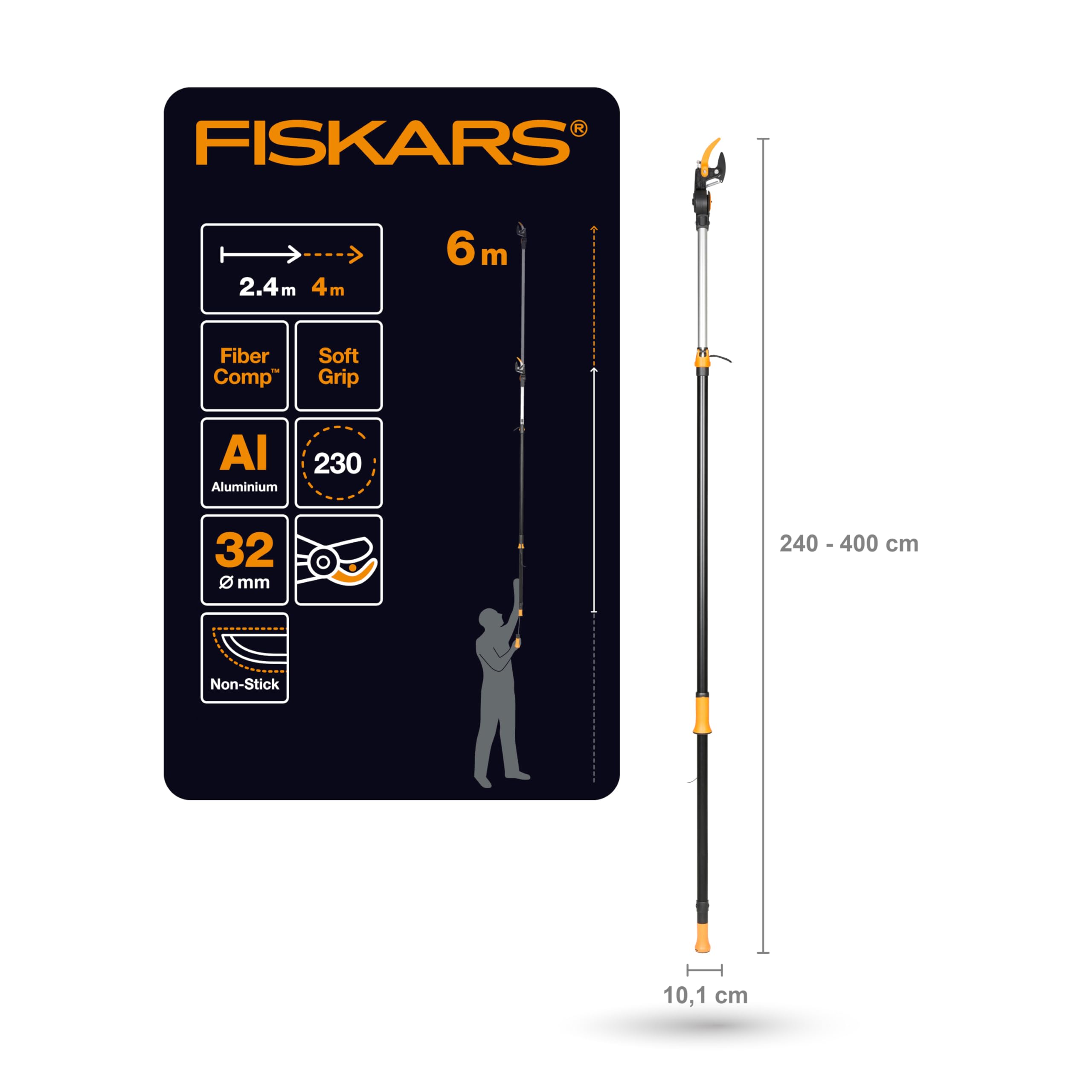 Fiskars PowerGear X Telescopic Tree Pruner UPX86, Non-stick Coated, Steel Blade/Aluminium Handle, Length 2.4 - 4 m, Black/Orange, 1023624