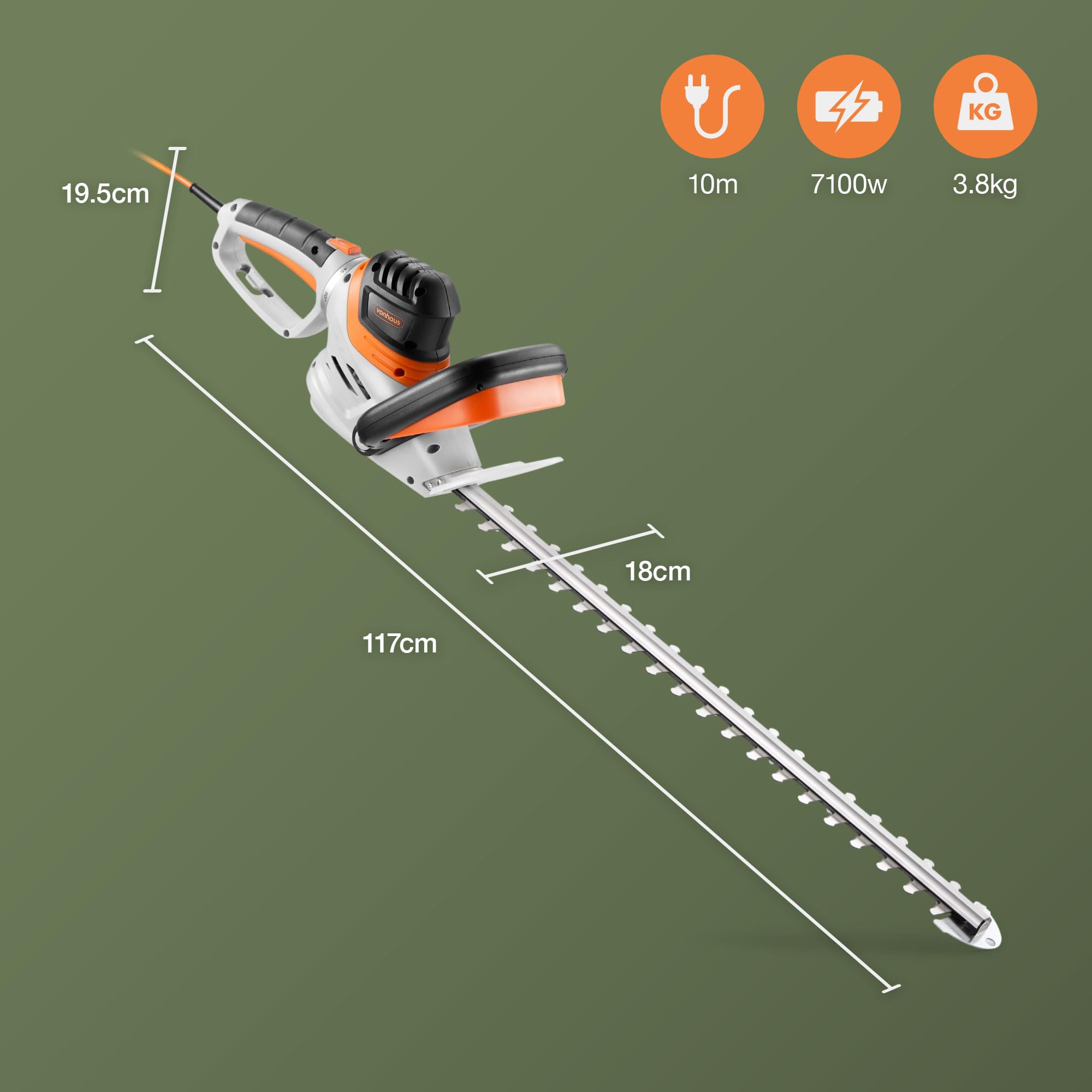VonHaus Hedge Trimmer 710W – Electric Lightweight Cutter for Hedges, Branches, Shrubs, Twigs – Comes with Blade Cover, 10m Cable, 61cm Blade, Rotating Handle, 2 Stage Safety Trigger
