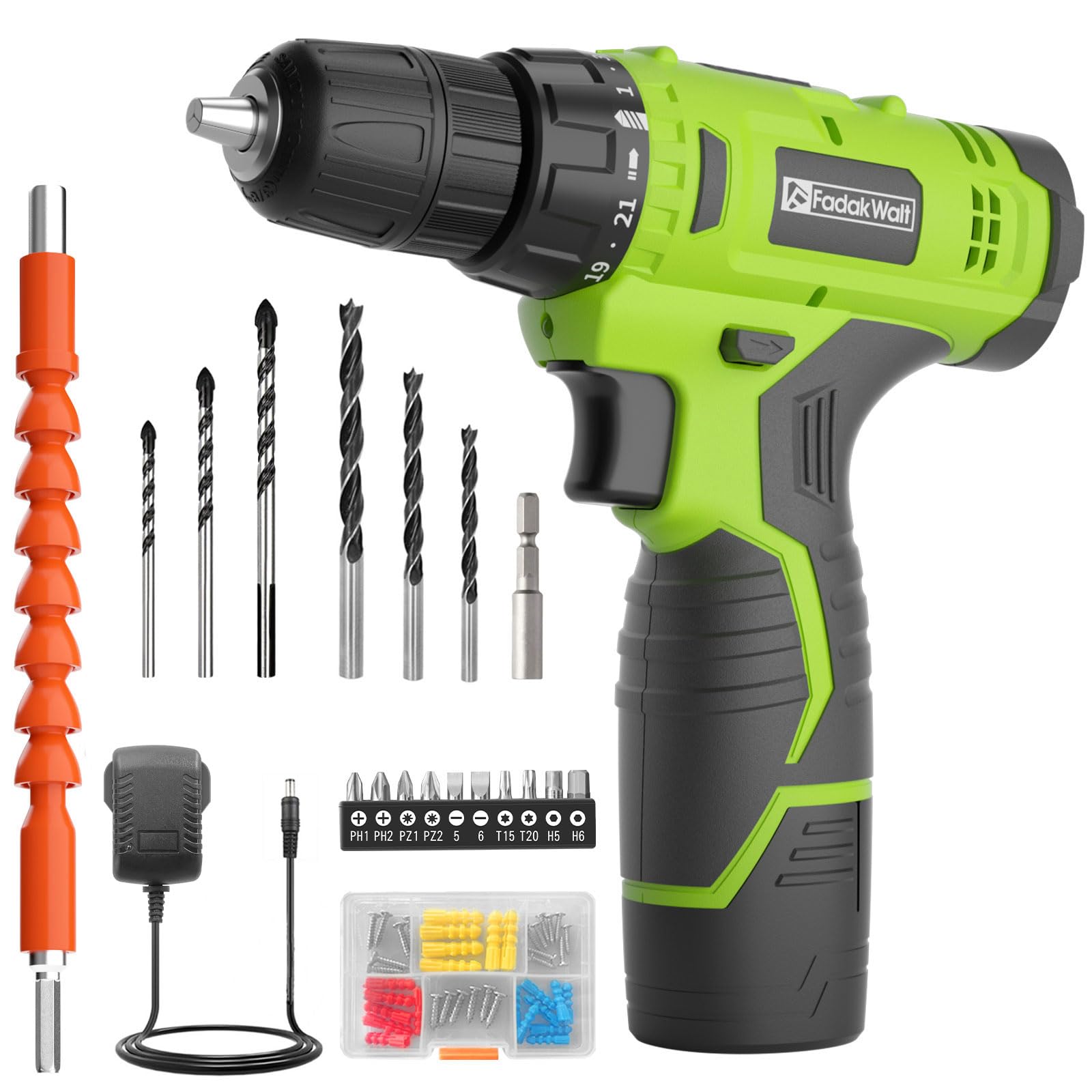 FADAKWALT 12V CordlessDrill, Battery Power Drill Drivers, 3/8” inch Keyless Chuck, Electric Screwdriver Kit, 21+1 Torque Setting, Combi Drill with Li-Ion Battery and Charger