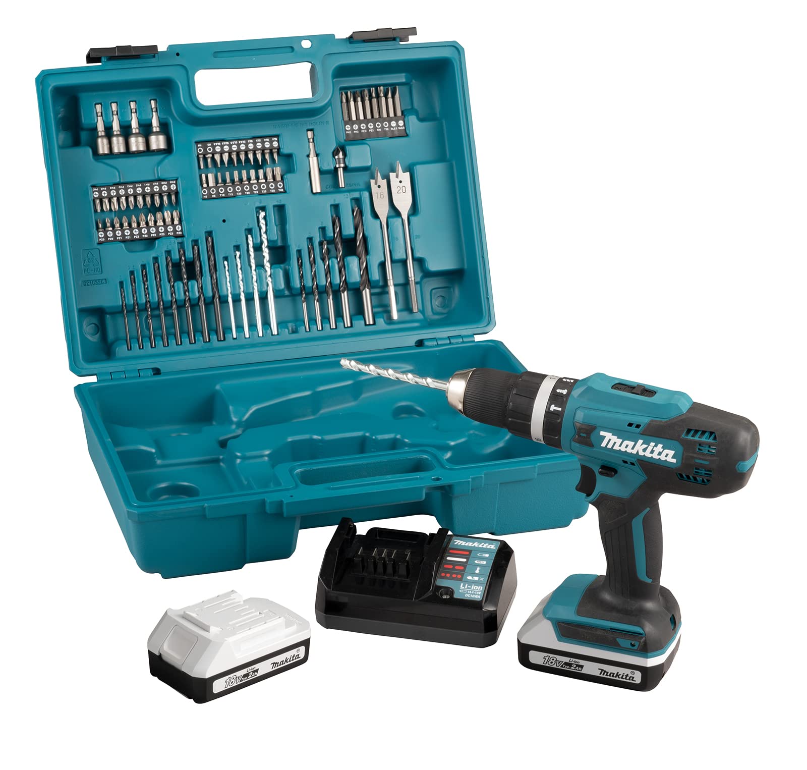 Makita HP488DAEX1 18V G-Series Combi Drill Complete with 2 x 2.0 Ah Batteries, Charger and 74 Piece Bit Set Supplied in a Carry Case, White, Grey