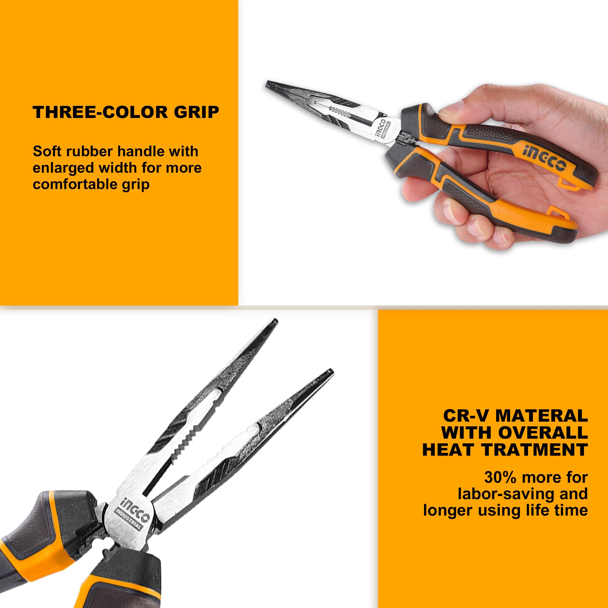 INGCO 3Pcs High Leverage Pliers Set, 8" Combination Pliers and 7" Diagonal Cutting Plier and 6" Long Nose Plier HKHLPS2831