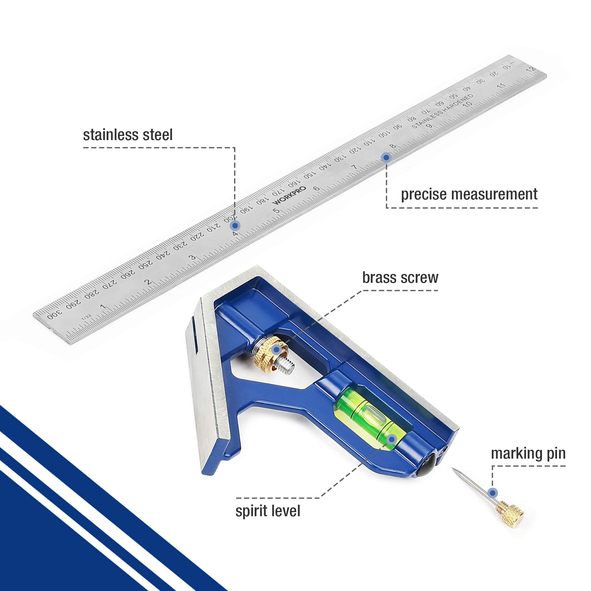 WORKPRO 12Inch/300mm Combination Square, Stainless Steel and Zinc Construction, 32cm Length, Blue and Clear Color, 0-300mm Graduation Range, Measuring Tool for Engineer Carpenter